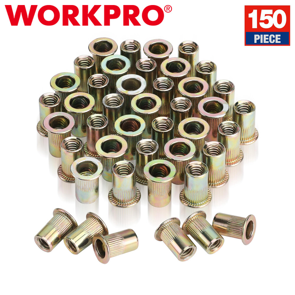 WORKPRO 150PC Rivet Nut 1/4"-20 Rivnut Zinc Plated Flat Head Threaded Insert Nut