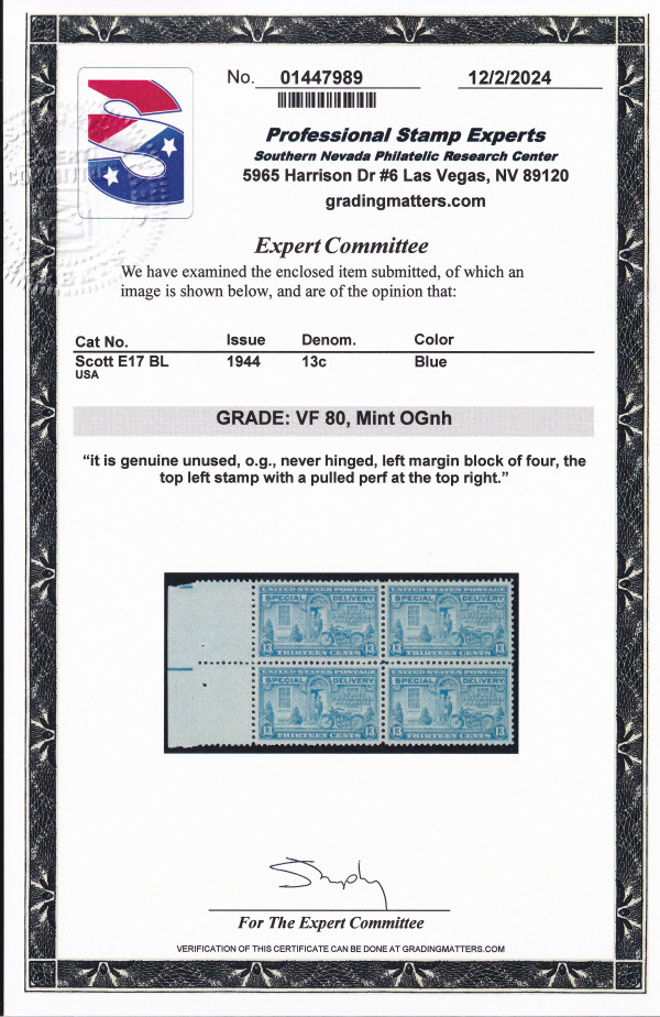 US Scott #E17, PSE Grade 80 Cert, Spec Del, XF, Mint, OG, Never Hinged.
