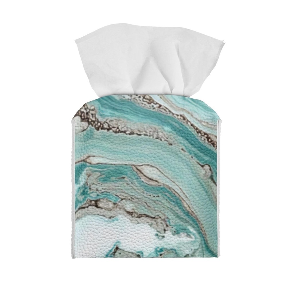 Tissue Box Cover,Modern Square Tissue Box Organizer Waterproof PU Teal Marble