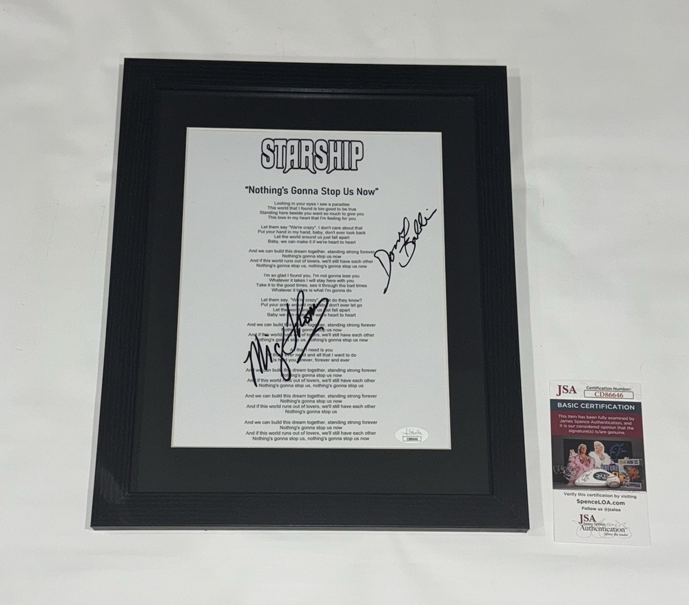 MICKEY THOMAS & BALDWIN SIGNED NOTHING'S GONNA STOP US NOW LYRIC SHEET JSA COA