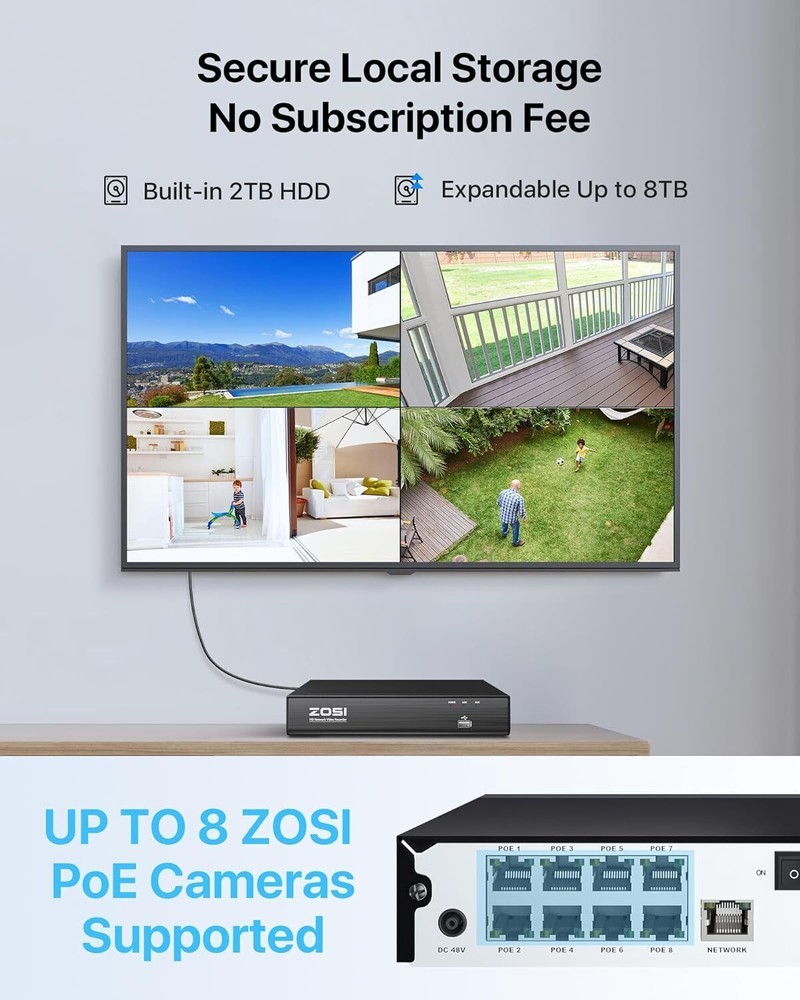 ZOSI 4K 8CH PoE Security Camera System with Smart Detection Two-Way Audio 2TB