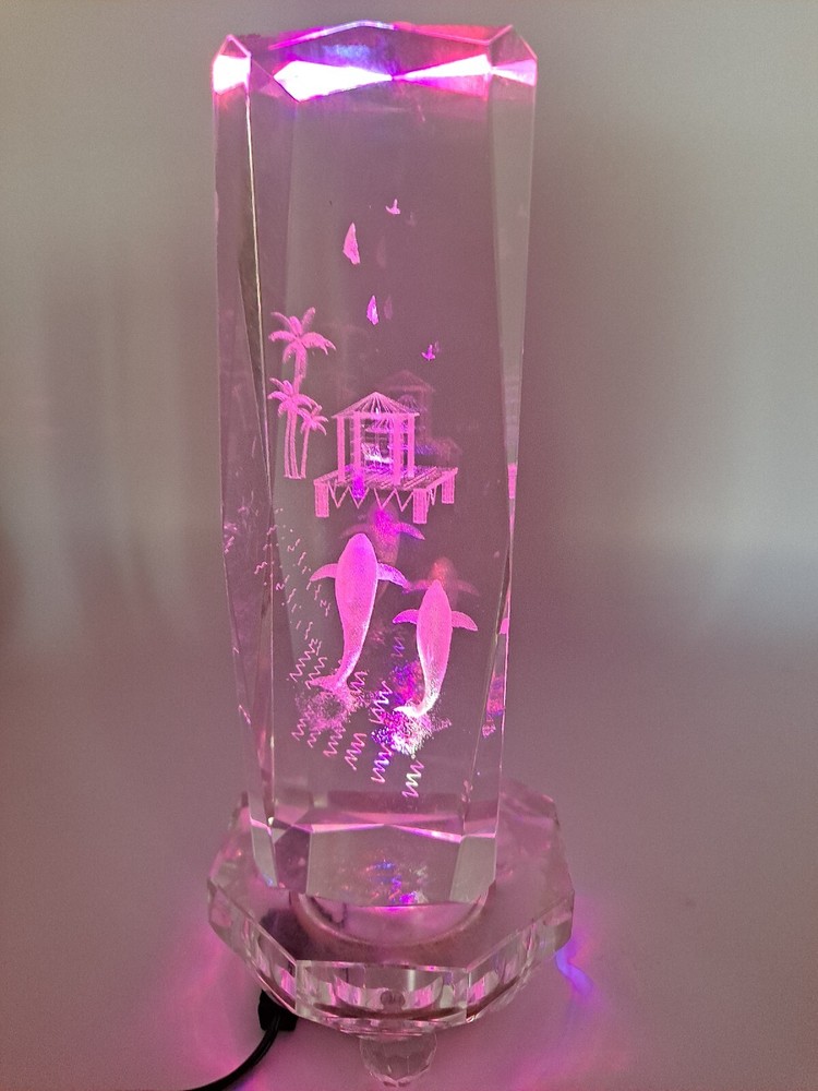 Crystal 3D Laser Etched Dolphins With Lighted Base