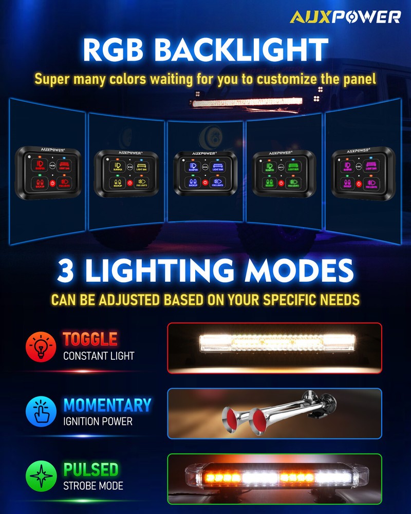 AUXPOWER RGB 4 Gang Switch Panel Toggle Touch On-Off LED Circuit Controller Box