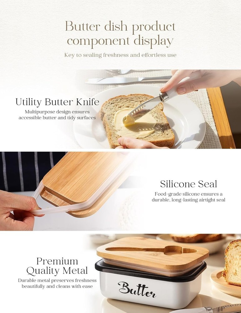 Large Rectangular Butter Dish with Lid & Multi-Purpose Knife – White Decor