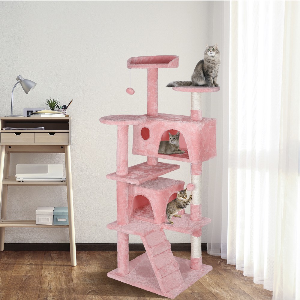55 Inch Multi-Level Cat Tree Tower Kitten Condo House with Scratching Posts Pink