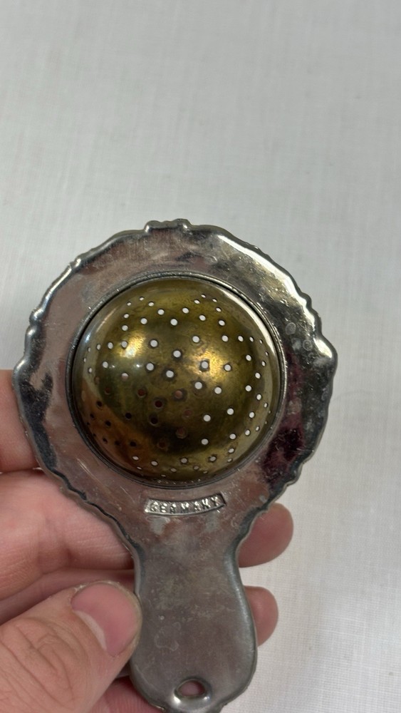 Ornate Metal Tea Strainer with Stand, Silver Brass, Germany, Round Pattern