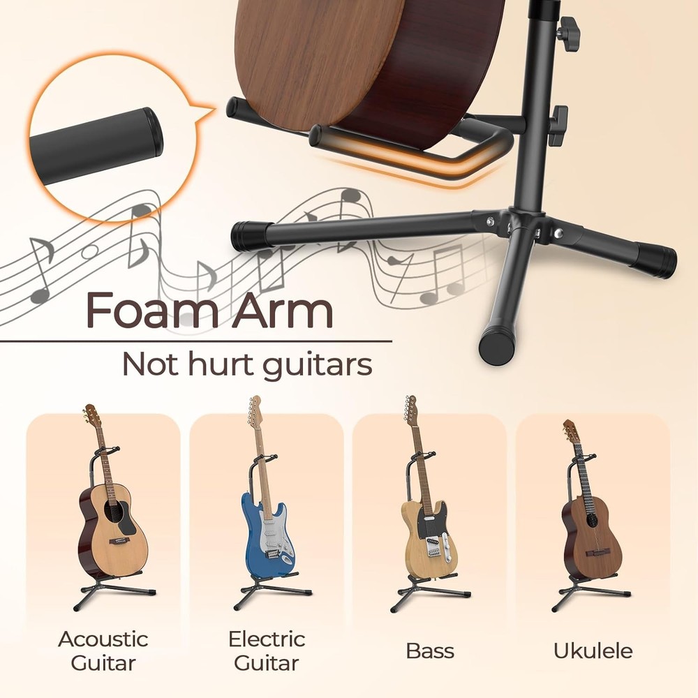 Adjustable folding guitar stand for various sizes.