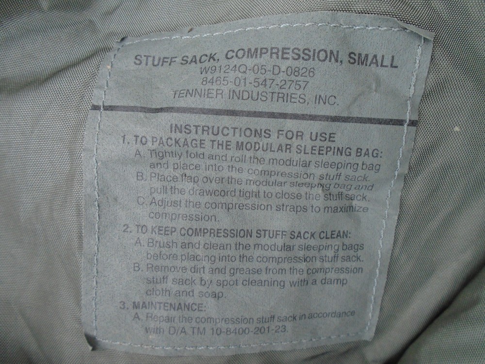 USGI Tennier Small Compression Stuff Sack For MSS Sleep System 8465-01-547-2757