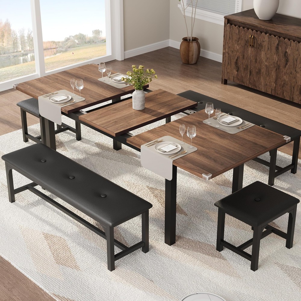 5 Piece Extendable Dining Table for 4-8, 47.3"-63" Rectangular Wood Kitchen T...
