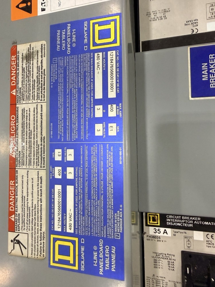 Square D I-Line Panelboard 400A 480V 3PH w/ Main Breaker + Multiple Breakers
