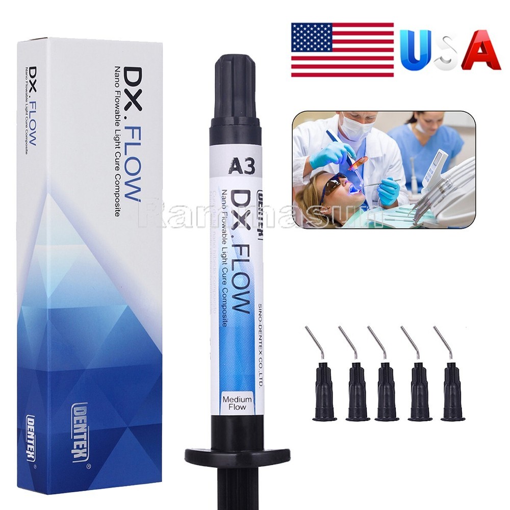 Dental Flowable Medium Flow Light Cure Composite A3 Shade Syringe DENTEX+5Tips