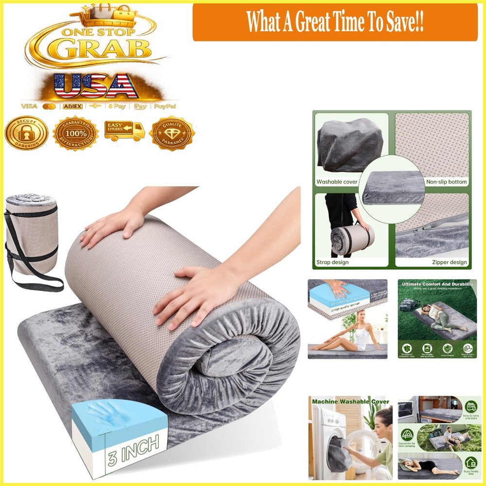 Memory Foam Camping Mattress 3 Inch Thick Waterproof Support Foldable Gray