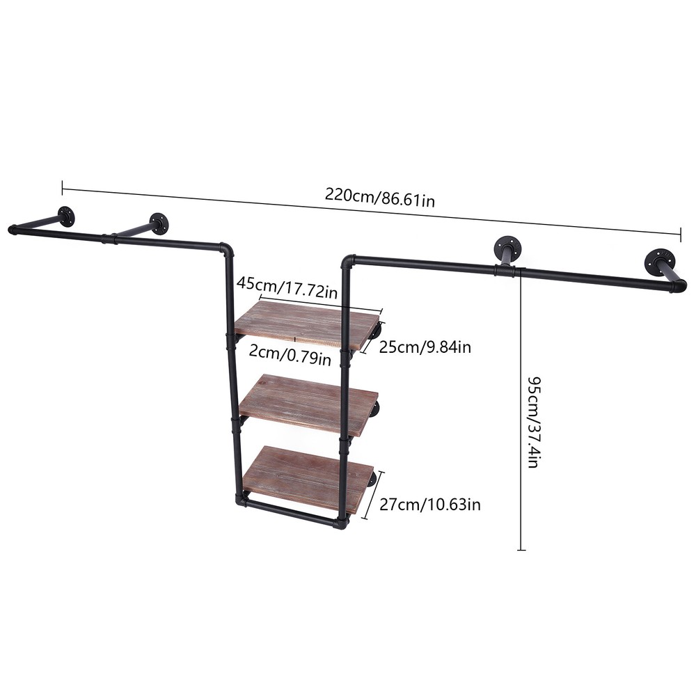 Industrial Wall-Mounted Display Shelf with Hanging Rods for Clothes