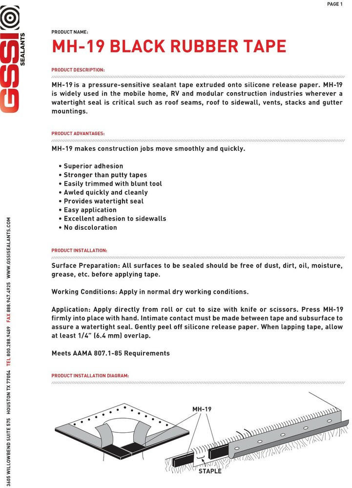 GSSI Putty Tape Butyl Tape 1/8" x 1" x 50' Black, 50ft Roll Sealant