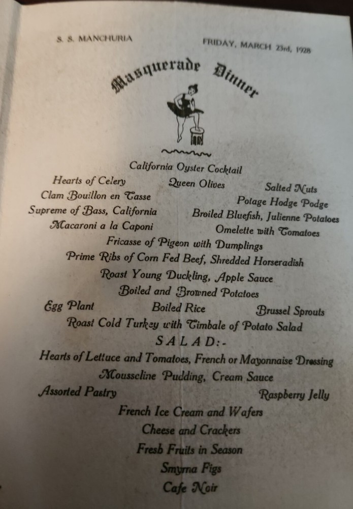 Panama Pacific Line dinner menu 1928