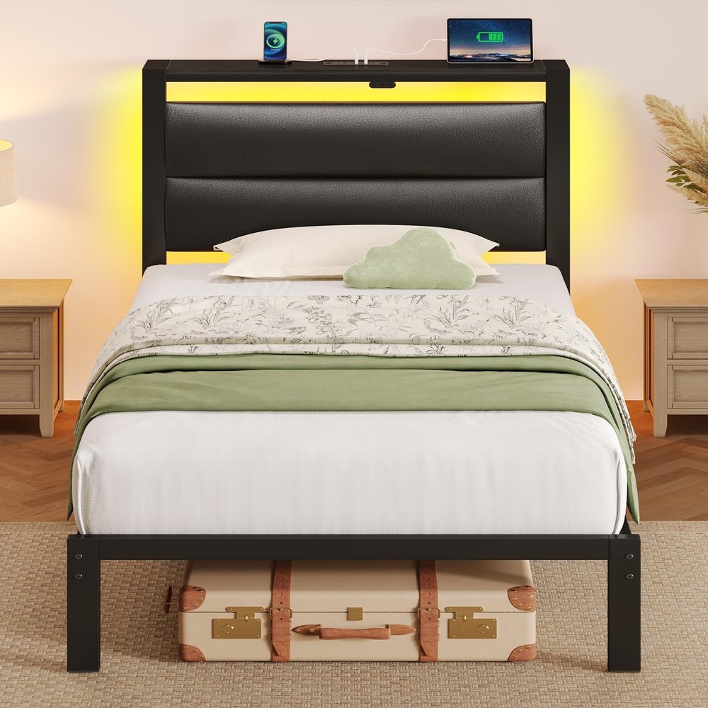 Seventable Twin Bed Frame with Upholstered Storage Headboard, Charging Statio...
