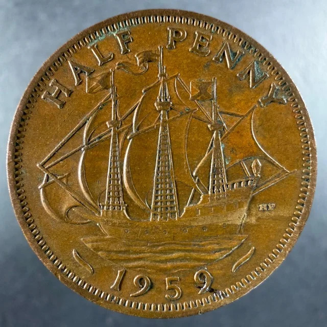 1959 Great Britain Half Penny Bronze Golden Hind Choice Example