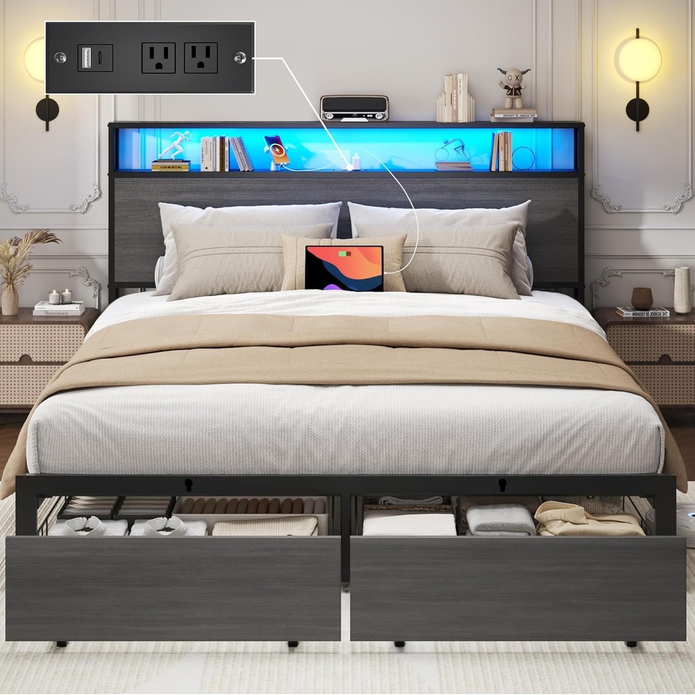 Full Queen Size Metal Platform Bed Frame with 2 Storage Drawers ＆Charging,LED