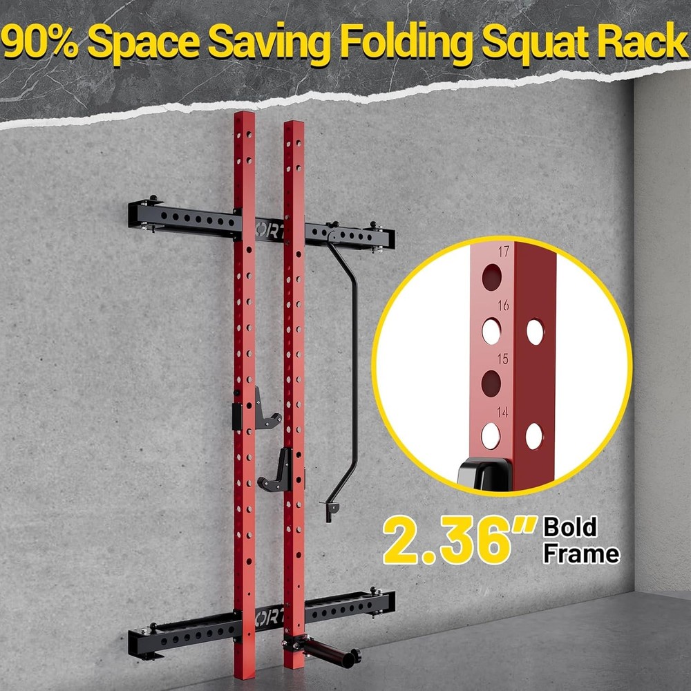 Foldable Squat Rack 1000 LBS Space-Saving with Pull Up Bar & J Hook & Landmine