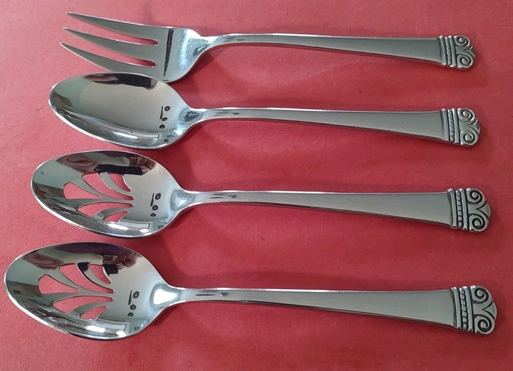 4pc Oneida 18/10 MELODIA Stainless SERVING FORK Pierced & Solid TABLE SPOONS