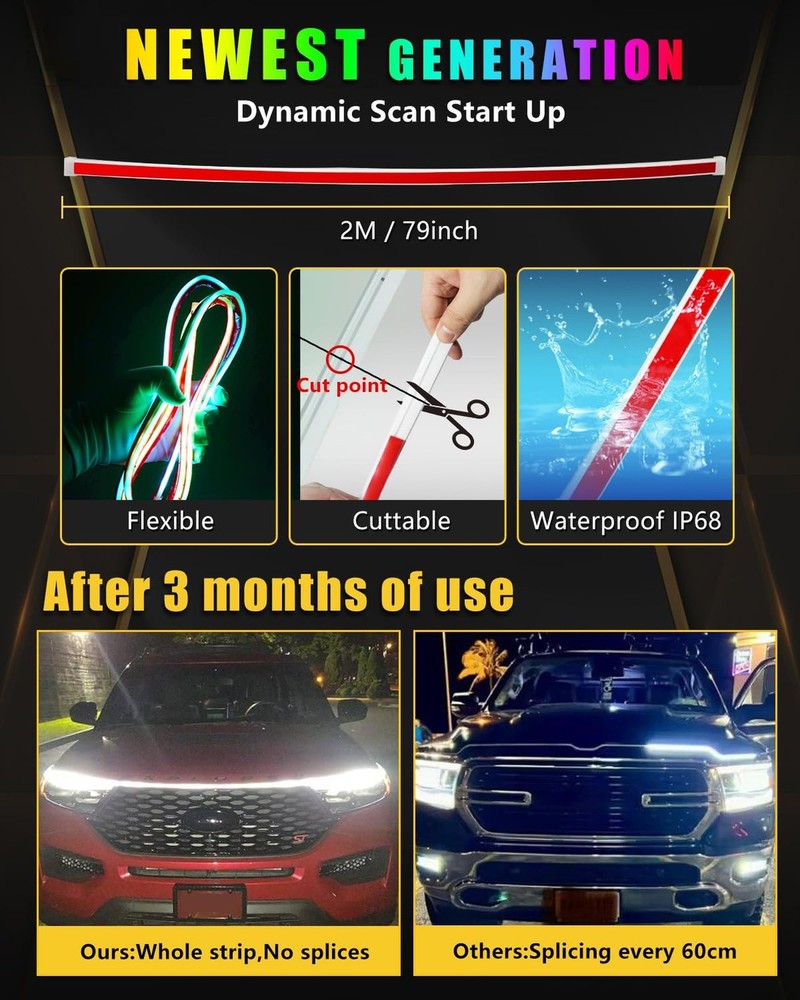 RGB Hood Light Strip with Sequential Turn Signal Indicator Function Waterproo...