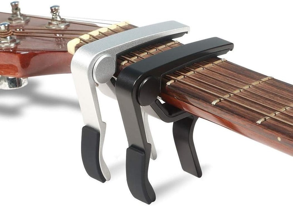 Quick-Change Silver Guitar Capo for 6-String Instruments, Includes 5 Free Picks