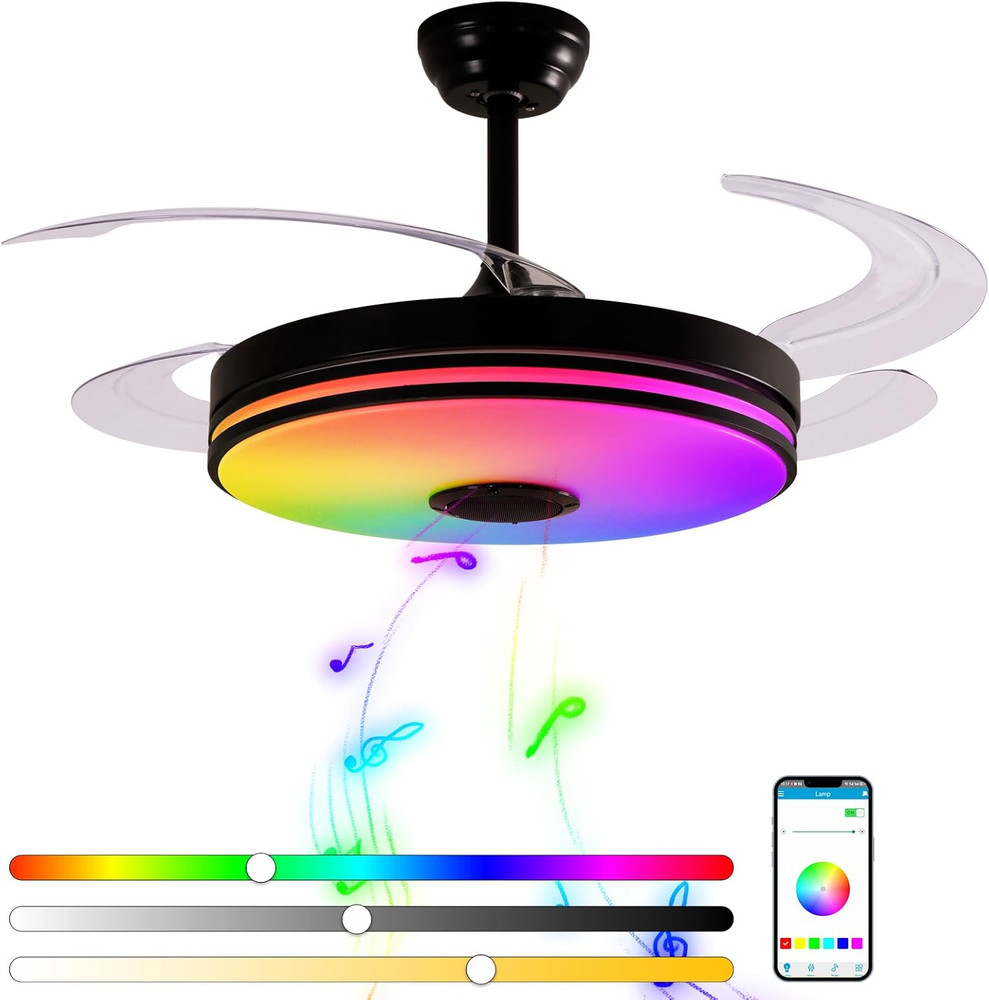 48 Inch Retractable Ceiling Fan With Lights RGB Bluetooth Speaker Remote Control