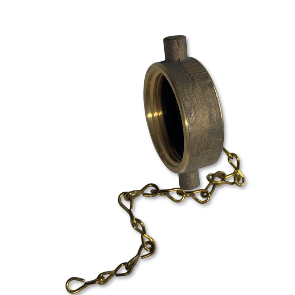 2.5" Brass FDC Set - Fire Hydrant Cap with Chain & Hex Nut Adapter Fitting - New