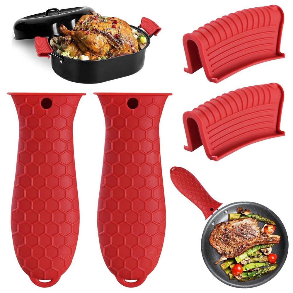 4 Pack Silicone Hot Handle Holder Cover Cast Iron 2L, Red