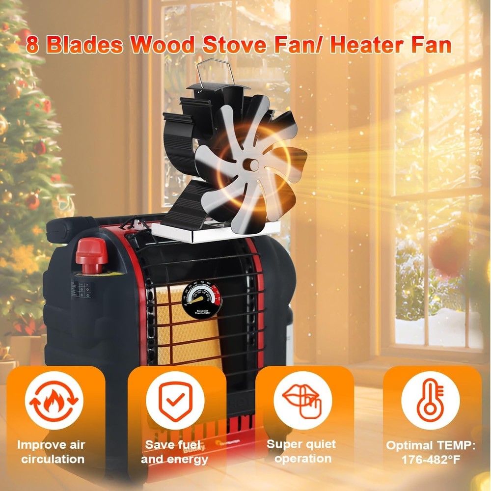 Silent and Efficient 8-Blade Fireplace Fan - Includes Buddy Heater Bracket