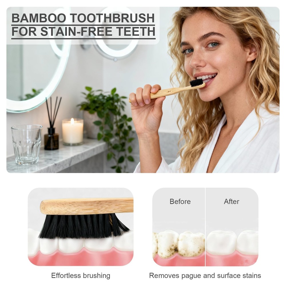 Biodegradable Bamboo Toothbrushes - 12 Pack Natural Travel Size Charcoal Brushes