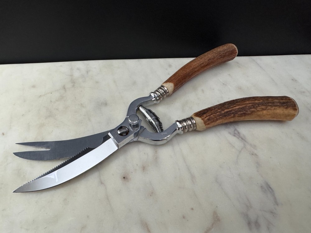 Custom German Stainless Kitchen Poultry Shears Stag Handle, Fork Tip, Take-Apart