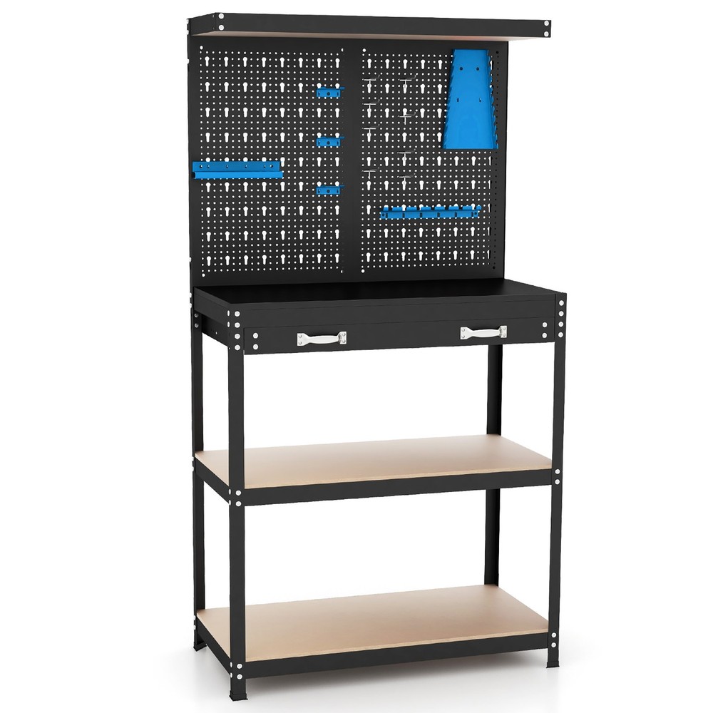 Multi-use Workbench w/ 2 Shelves Heavy-Duty Work Table Tool Storage Bench Black