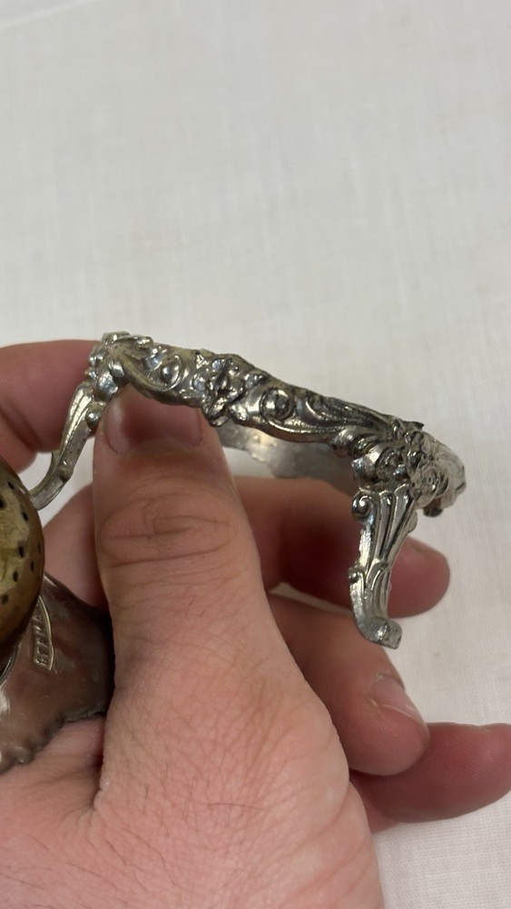Ornate Metal Tea Strainer with Stand, Silver Brass, Germany, Round Pattern