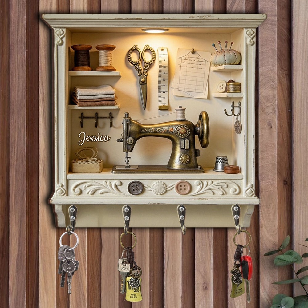 Personalized Sewing Key Holder, Tailor Craft Wall Hooks Custom Name Decor Gift