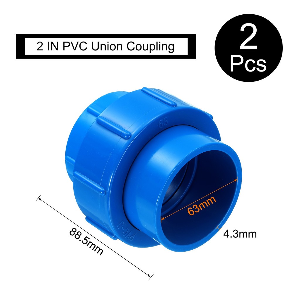 2 Pcs 2" Union PVC Coupling Pipe Fitting Adapter, Blue