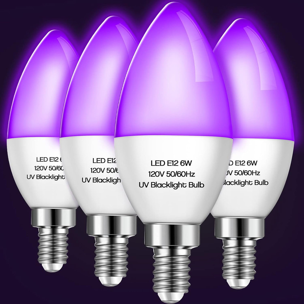 Qualirey 4 Pieces LED Black Light Bulb 6W E12 Base Blacklight Candle Bulb Glow i