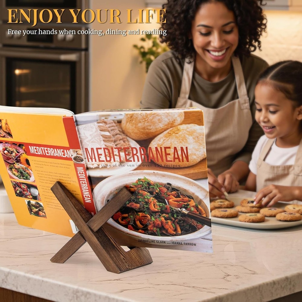 Compact Rustic Wood Cookbook Holder - Freestanding Display for Your Kitchen