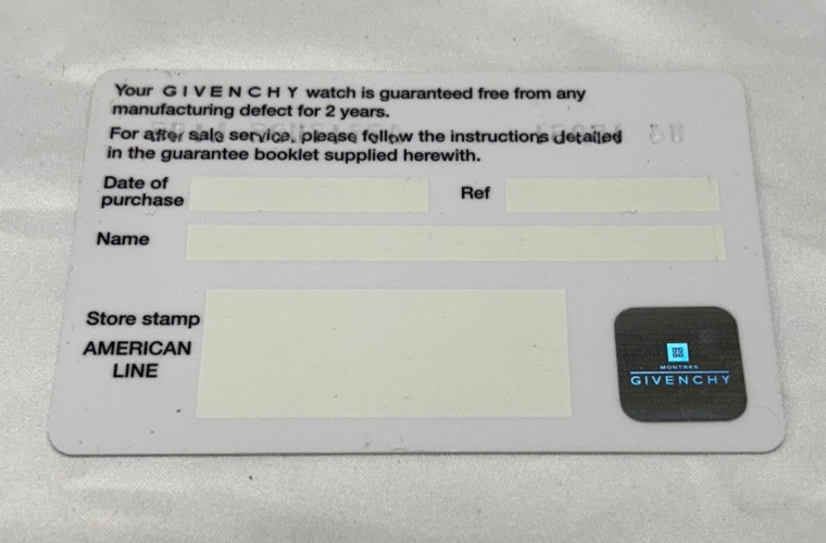 Givenchy International Guarantee Card