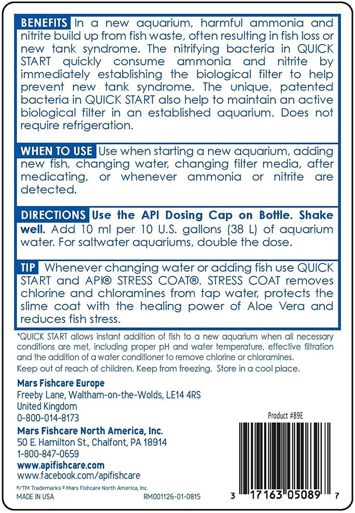 API Quick Start Nitrifying Bacteria for Freshwater & Saltwater Tanks 16 oz
