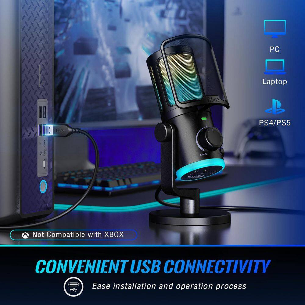 Gaming PC Microphone, USB Streaming Microphone with Game Chat Balance, Computer