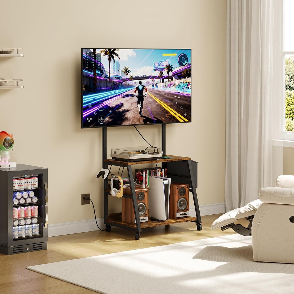 Mobile TV Stand with Charging Station, Adjustable Mount and Wheels, Rolling T...