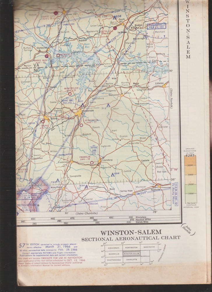 Winston-Salem NC Sectional Aeronautical Chart Wall Size Map 1966