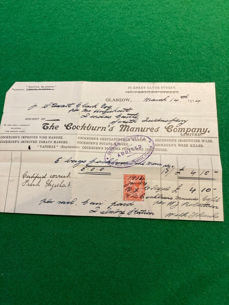 DUNDAS CASTLE  19/13 CM  RECEIPT   1914