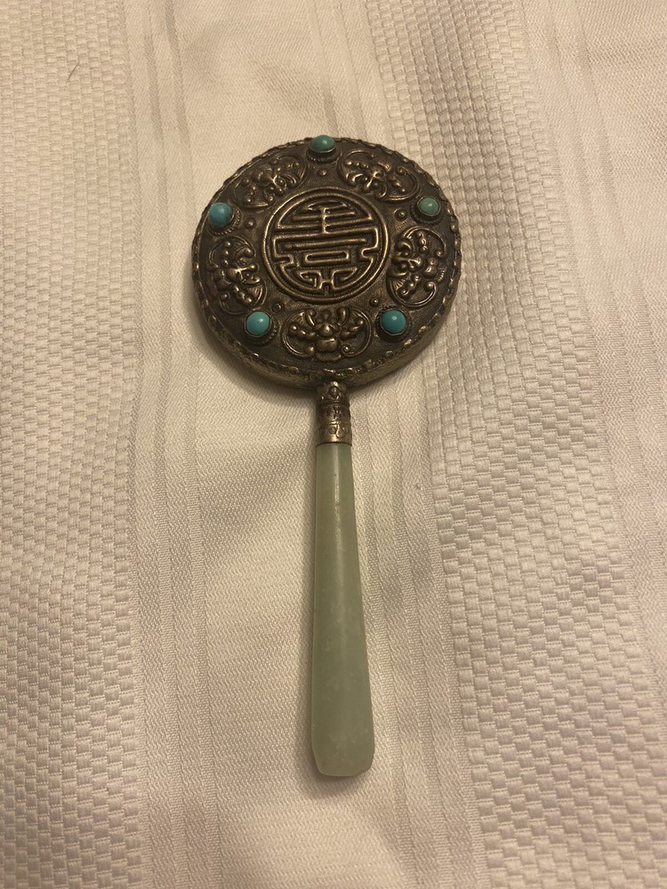 Chinese Hand Held Mirror Jade Handle