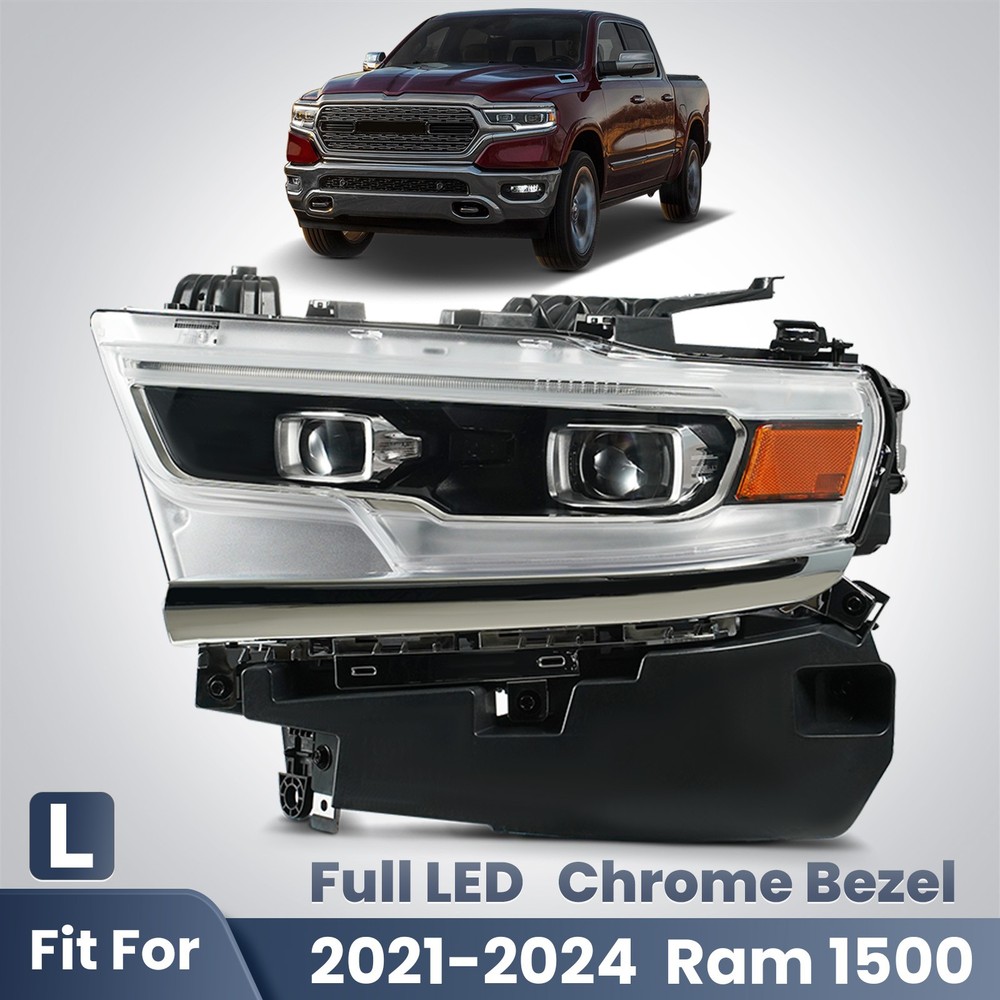 For 2021-2024 Ram 1500 Full LED Projector Headlight Chrome Bezel Left Driver