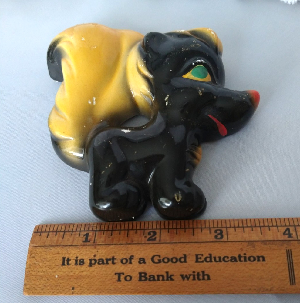 1940s Skunk Chalkware Wall Hanging Grannycore Black White Red Nose