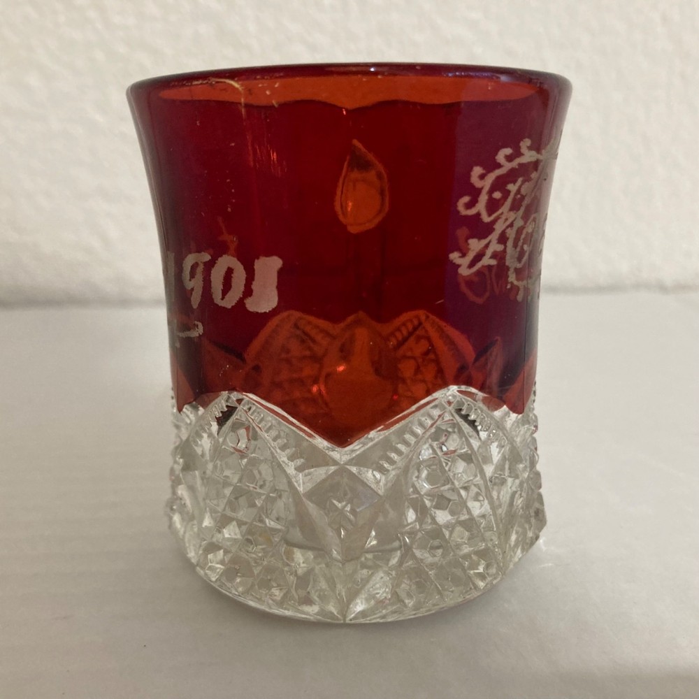 Antique Ruby Red Flash Miniature Mug Toothpick Holder Engraved Helen 08-20-1901