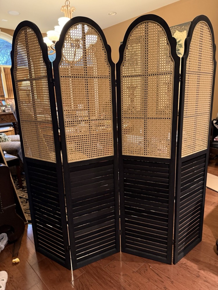 4-Panel Black Wood & Cane Room Divider Folding Screen Boho Coastal Style