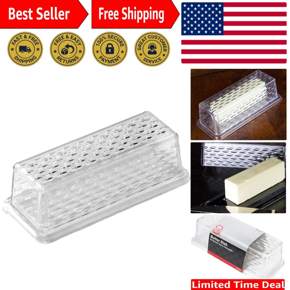Modern Rectangular Butter Dish - 7-Inch Clear Plastic with Crystal-Like Cover
